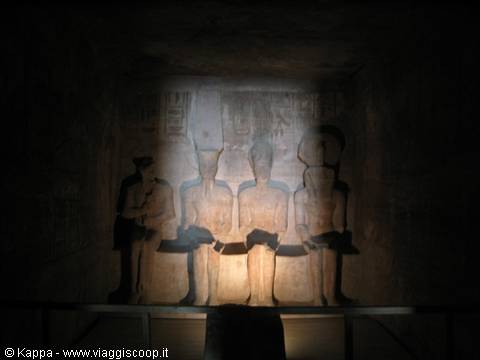 The divinized Ramses II statue, together with HARMAKHIS, AMON-RAH e PTAH gods inside the sanctuary