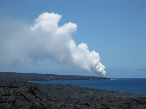 the lava ends up in the sea, and smokes