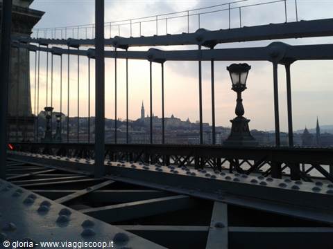 Cast-iron lamppost on the Chain Bridge, Budapest and Matthias Church in the background