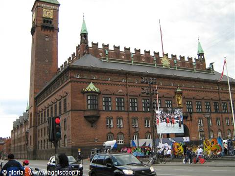 Copenhagen City Hall: red brick facade with clock tower