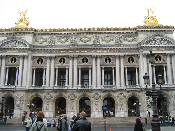 Tourists in front of the Palais Garnier opera house facade, Paris