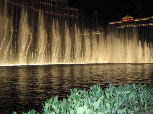 Illuminated fountains at night in front of Caesars Palace, Las Vegas