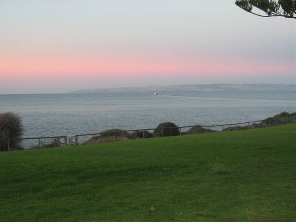 Green lawn by the sea, wooden fence, distant boat under pink sky