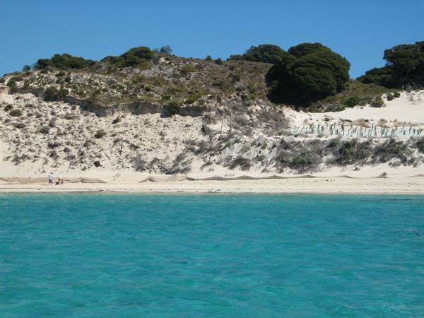 Turquoise water in front of white sand dunes with green shrubs