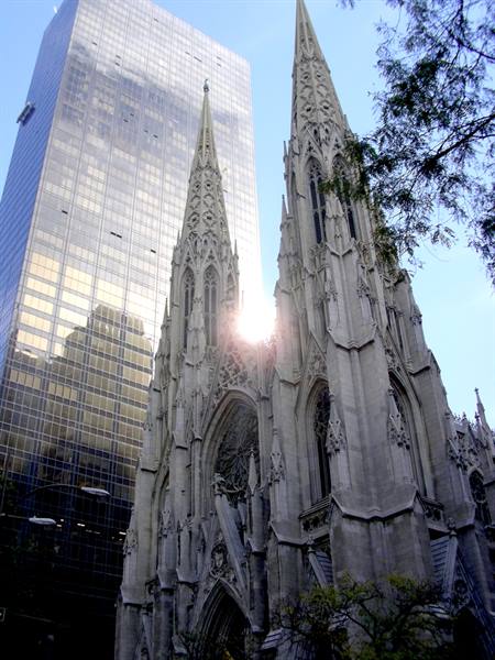 Gothic spires of St. Patrick's Cathedral rising among Manhattan skyscrapers