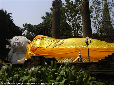 Reclining Buddha draped in golden cloth at Wat Yai Chai Mongkhon, Ayutthaya