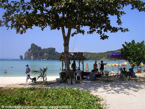 Tropical beach with wooden snack shack, colorful umbrellas and tourists under the trees
