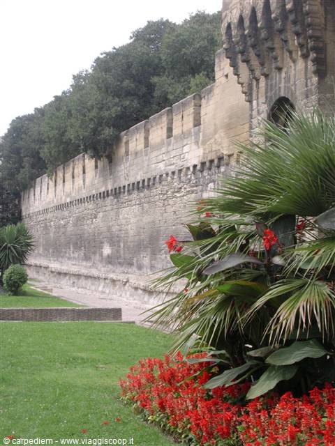Medieval stone walls with battlements, garden with palms and red flowers