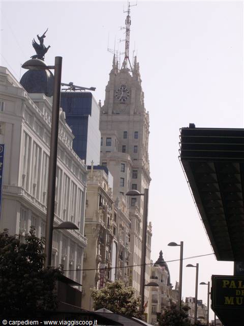 The Telefónica building on Madrid's Gran Vía, clock tower rising among buildings