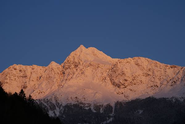 Snowy peaks glowing pink in alpine light against deep blue sky, dark woods below
