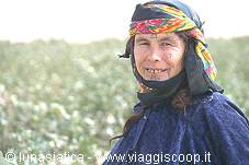 Smiling woman wearing a colorful headscarf in a green field