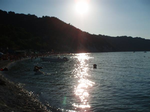 Pebble beach in sunlight, swimmers in the water, green hill behind