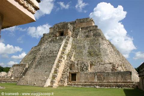 Pyramid of the Magician at Uxmal, limestone steps beneath white clouds
