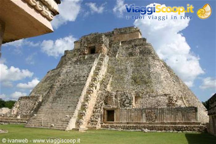 Pyramid of the Magician at Uxmal, limestone steps beneath white clouds