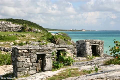 Ancient stone ruins of Tulum overlooking the turquoise Caribbean sea