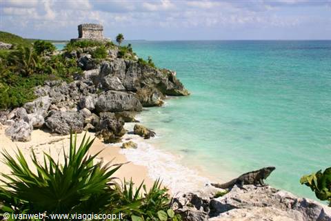 Mayan stone temple on the cliff above Tulum beach