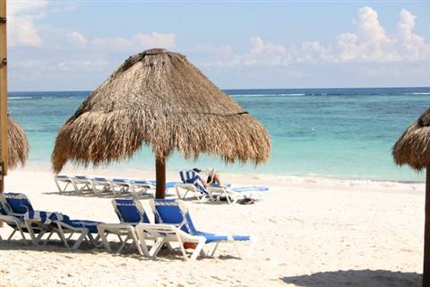 White sand beach with straw umbrellas and blue loungers by the turquoise sea