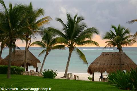 Palm trees and thatched palapas on the Caribbean beach of Riviera Maya
