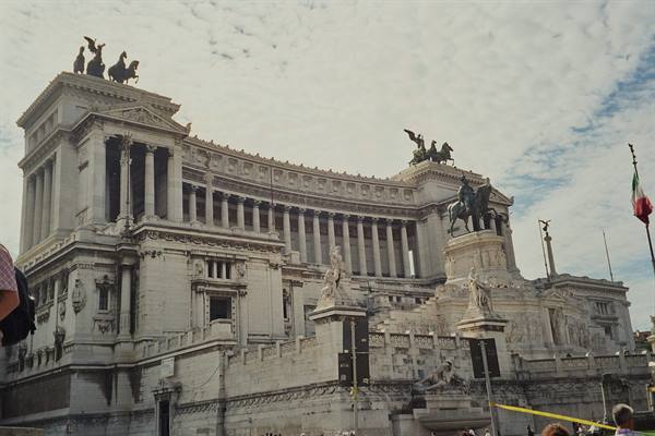 Vittoriano in Rome: white marble monument with bronze quadriga and equestrian statue