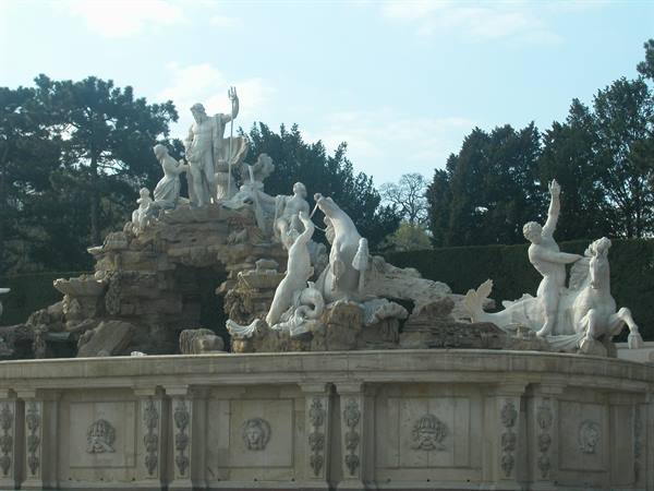 Neptune Fountain at Schönbrunn, marble statues with sea horses and rocks