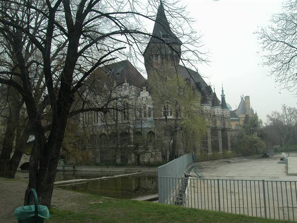 Vajdahunyad Castle in Budapest, gothic stone tower above the pond