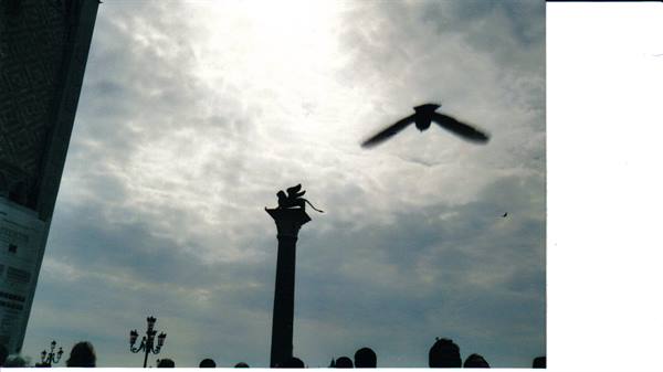 Winged lion column in Venice, a bird flying against cloudy sky
