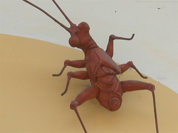 Red metal insect sculpture with long antennae on a yellow wall