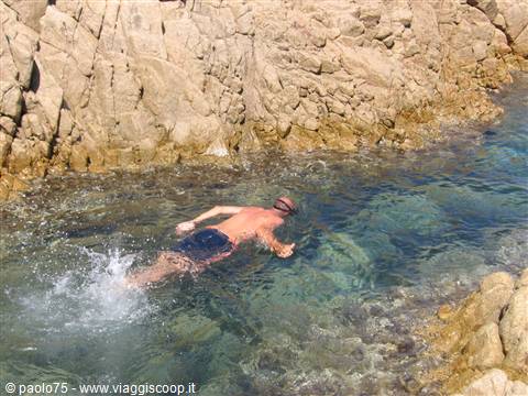 Swimmer among granite rocks, clear greenish water