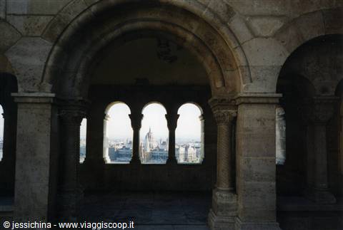 Romanesque arches of Fisherman's Bastion overlooking Budapest's Parliament