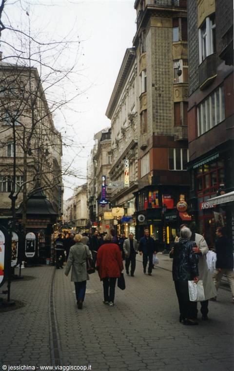 Pedestrians strolling along Váci utca, a car-free street with shops and Art Nouveau buildings