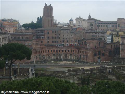 Trajan's Market in Rome, ancient brick ruins under gray sky