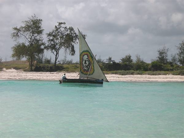 Man on sailing dhow with painted sail in turquoise water near sandy beach