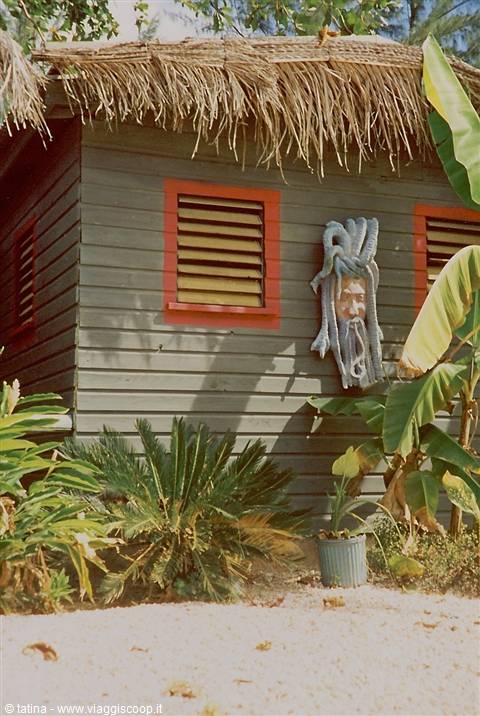 Gray wooden hut with thatched roof, carved mask and tropical plants