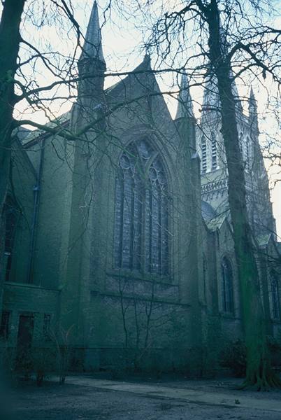 Gothic stone church with tall arched windows framed by bare trees