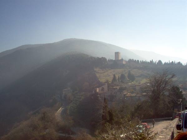 Stone tower and houses on a hillside village surrounded by cypress trees