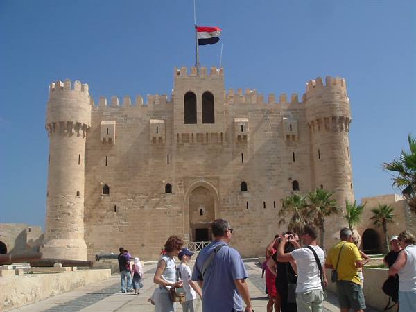 It stands on the Island of Pharos, old site of the famous lighthouse of Alexandria.