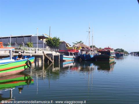 Colorful boats moored at the pier under sun, calm reflective water