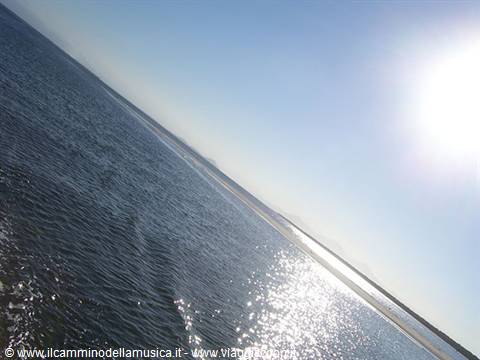 High sun over rippled sea, shimmering light path toward the shoreline