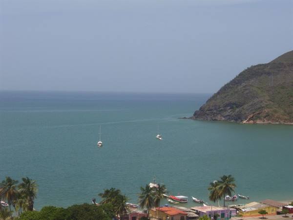 Boats anchored in turquoise bay, palm trees and colorful houses on the beach