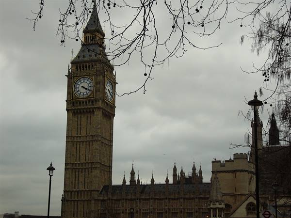 Big Ben in London among bare branches, grey sky and a lamppost