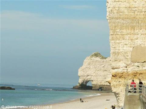 Tourists on a walkway beside the chalk cliffs of Étretat