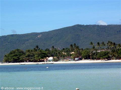 White sand beach with palms and boats in front of green mountains