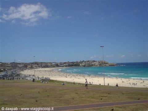 Bondi Beach with pale sand, turquoise ocean and swimmers under blue sky