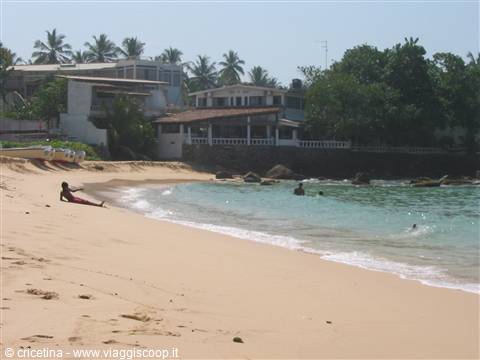 Golden sand beach, turquoise water and hotels among palm trees