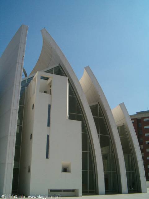 Dives in Misericordia church in Rome, white concrete sails and glass