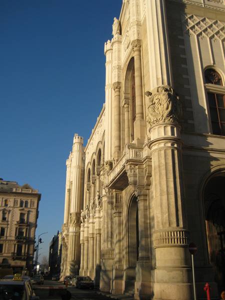 Neo-Gothic stone facade of Pesti Vigadó, Budapest, in sunlight