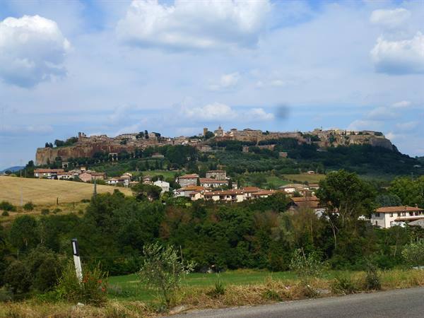 Orvieto: brick houses below the hilltop town on tuff cliff among fields and olive trees