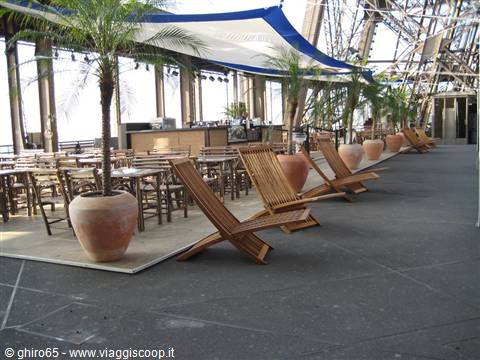 Wooden lounge chairs and potted palm trees under white and blue canopy, Eiffel