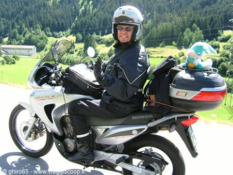 Motorcyclist in helmet and black jacket on silver Honda, luggage and plush toy, road through alpine meadows