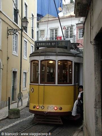 THE FAMOUS ELECTRICO 28 IN THE ALLEYS OF THE ALFAMA IN LISBON